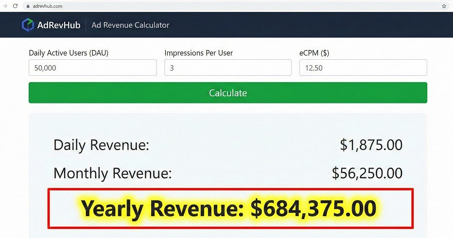 AdRevHub Calculator interface with sample data filled in, highlighting the “Yearly Revenue” output