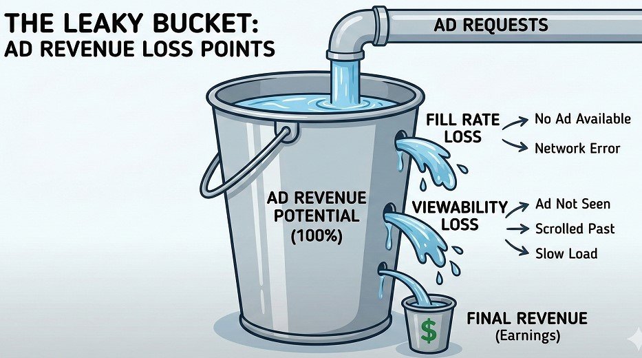 The Leaky Bucket visualizing revenue loss points Request - Fill Rate Loss - Viewability Loss - Final Revenue