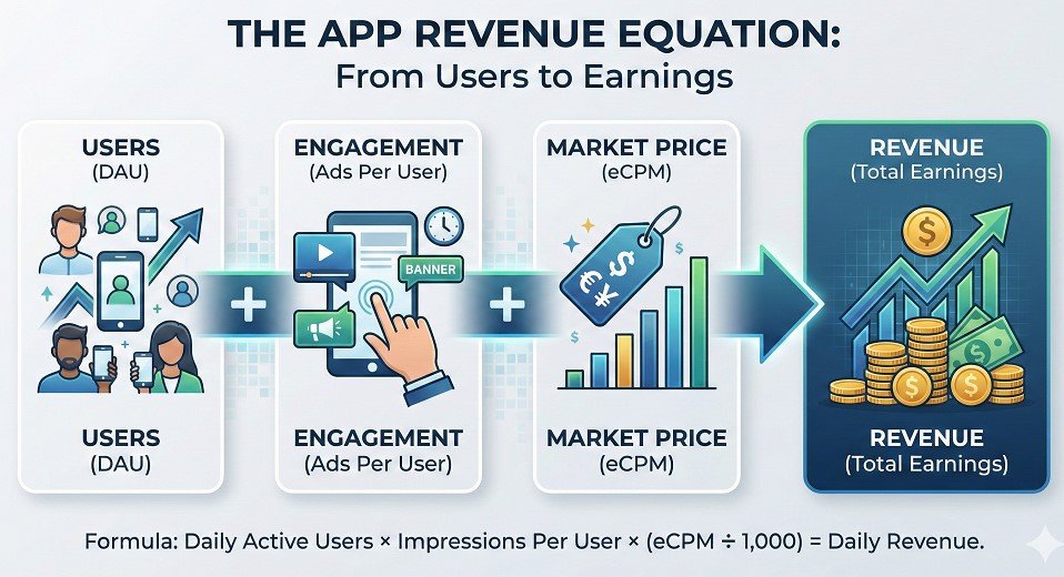 The Revenue Equation showing the flow from Users + Engagement + Market Price = Revenue