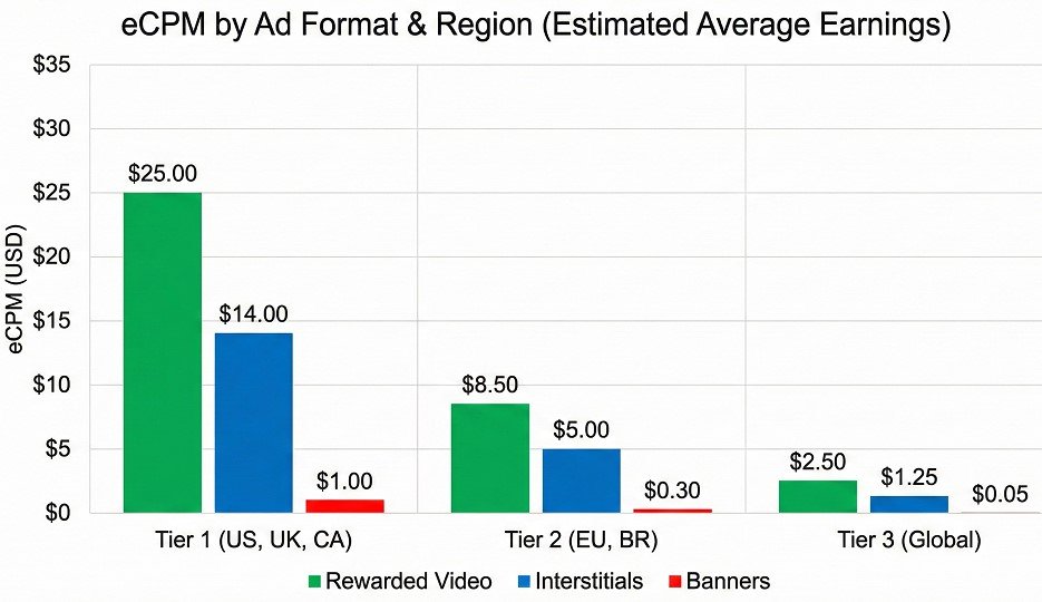 eCPM by Format & Region” comparing average earnings for Banners vs. Interstitials vs. Rewarded Video